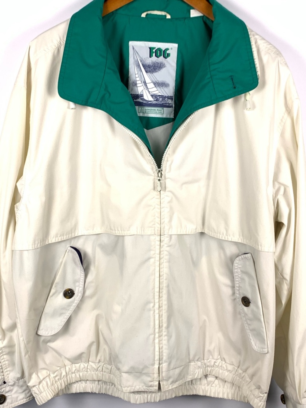 Vintage London Fog Jacket Mens L White Double Collar Sailboat Lined